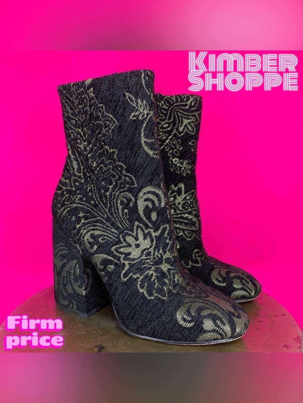 Ash Fedora Black Gold Embroidered Floral Design Heeled Ankle Boots EU 37